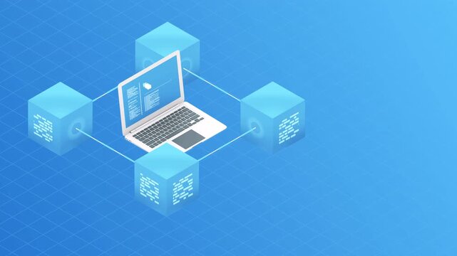 Abstract Blockchain Network Concept with Laptop and Digital Data Blocks.