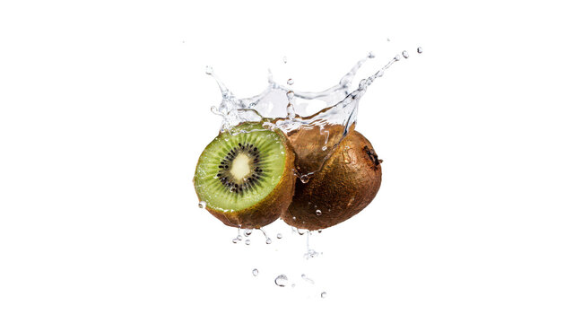 Two halves of a fresh green kiwi fruit suspended in the air with a large splash of water and droplets isolated on a solid black background