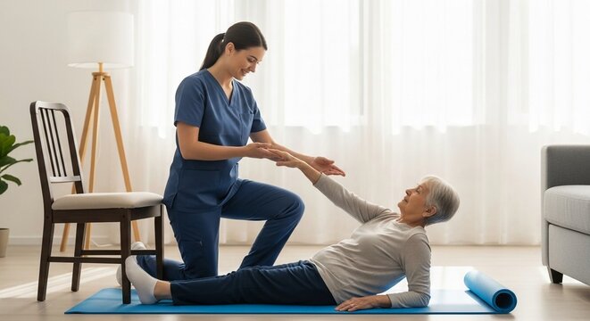 Dedicated home health aide assisting elderly woman with physical therapy exercises for rehabilitation and mobility in a bright indoor setting