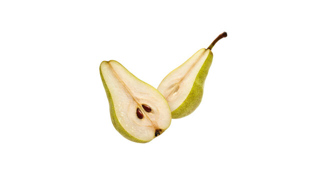 Two halves of a fresh green pear showing the inner texture and seeds, positioned against a solid black background, for food advertising