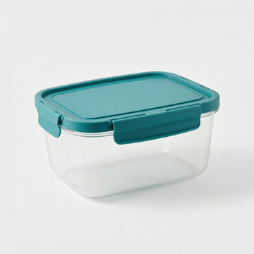 Plastic food container with teal colour lid, on a white background.