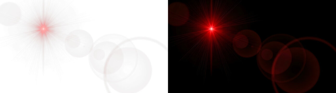 Red glowing star light flare with bokeh lens effect luminous illumination