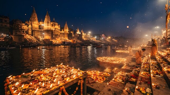 Varanasi ghats at night with glowing oil lamps and temples