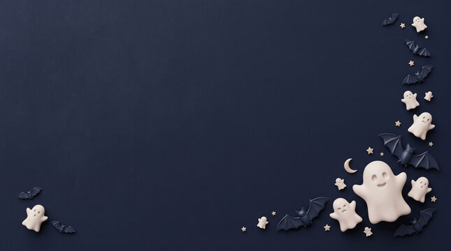 Halloween flat lay background with 3D ghosts and bats on dark blue texture