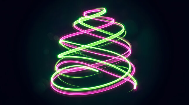 Neon green and bright pink swirling light lines form a conical shape representing a holiday celebration tree glowing in the darkness during a festive winter season party event for digital