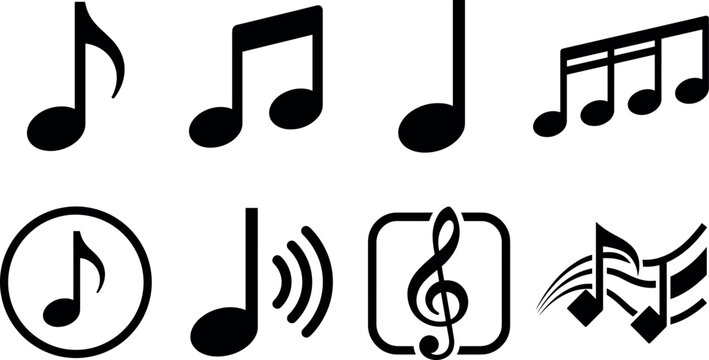 Musical notes and treble clef black glyph icons vector set with eighth note quarter note sound wave and staves symbols