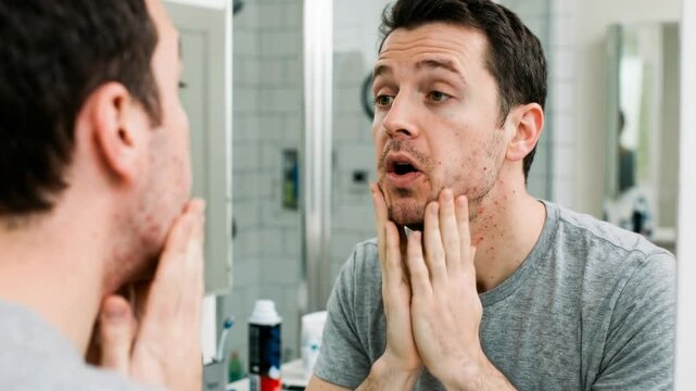 A man stands in front of a bathroom mirror in the morning. He touches his face and applies skin care products. He looks focused as he follows his routine