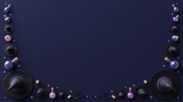 Halloween flat lay background with witch hats and magic potion bottles on dark blue surface