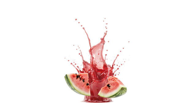 Two triangular slices of fresh red watermelon positioned at the base of a large, dynamic splash of red watermelon juice, isolated on black