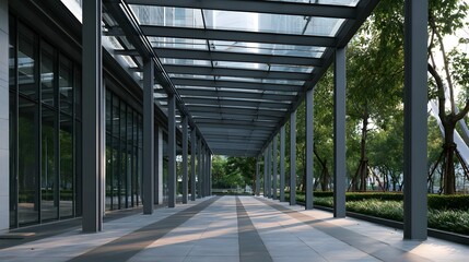 Fototapeta premium Modern glass and steel canopy shelters a paved walkway beside a glass fronted building with trees on the right