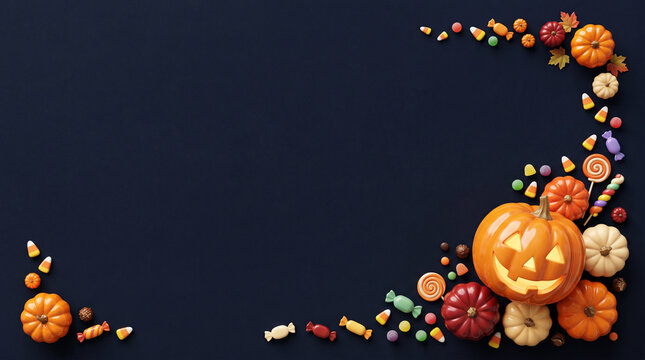 Halloween flat lay border with pumpkins and candy on dark background for seasonal design
