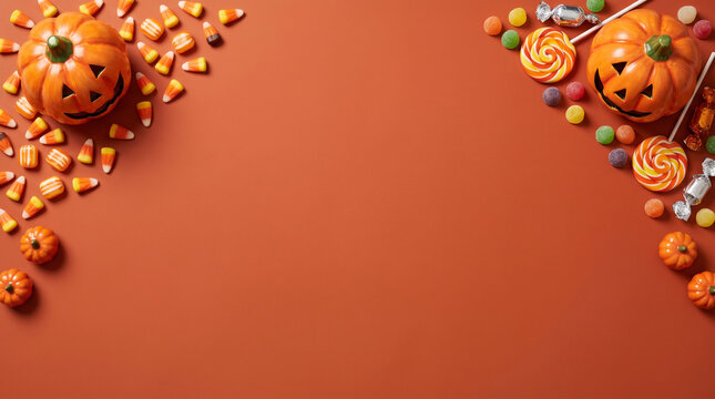 Halloween flat lay border with pumpkins and candy on orange background