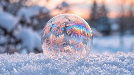 Obraz premium Iridescent frozen soap bubble featuring delicate ice patterns sitting on snow at sunrise