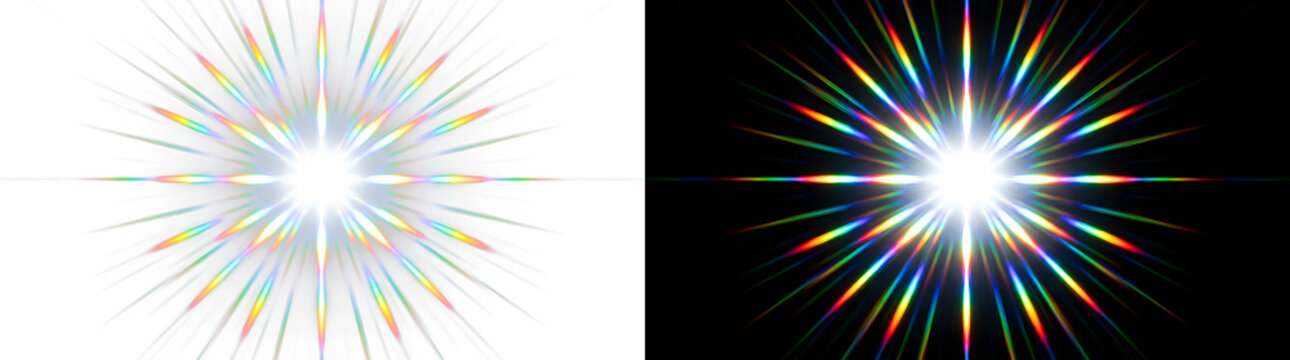 Prismatic multicolored star burst lens flare with rainbow light effect