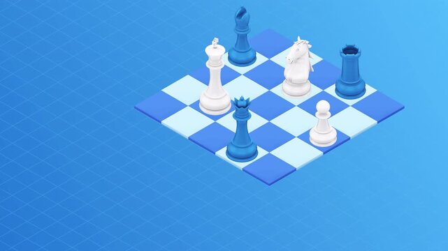 Abstract Isometric Chess Board Animation with Blue and White Pieces.