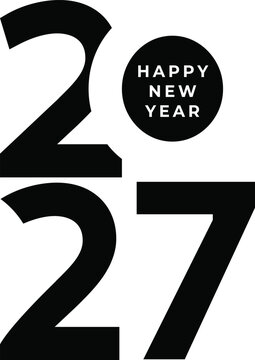 Happy New Year 2027 bold black and white minimalist typography design