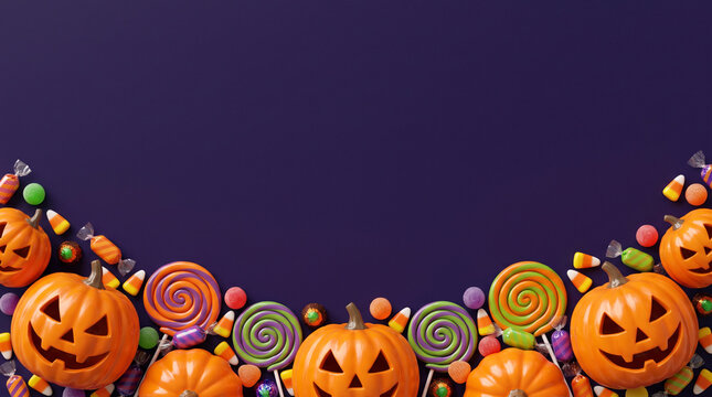 Halloween flat lay with jack-o-lantern pumpkins and colorful candy on purple background