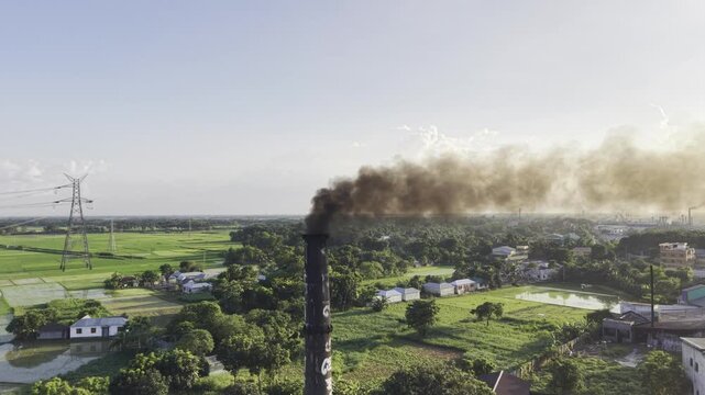 Aerial industrial landscape featuring a tall smokestack, visible smoke plume, green farmland and rural buildings, offering versatile footage for industry, environment, and agriculture