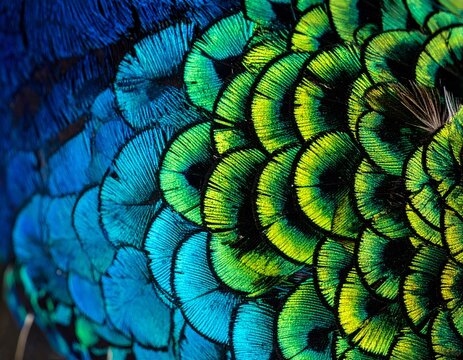 Close-up of iridescent peacock feathers, showcasing vibrant blues, greens, and intricate patterns