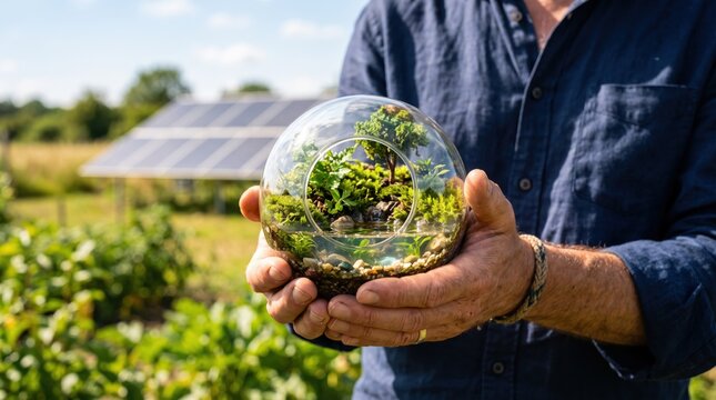 Man holding glass terrarium with green plants and solar panels in, symbolizing sustainable ecology, renewable energy, environmental protection, climate change solution