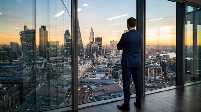 Confident businessman standing in modern high rise office looking out at London city skyline during golden sunset, contemplating success and future strategy in financial district