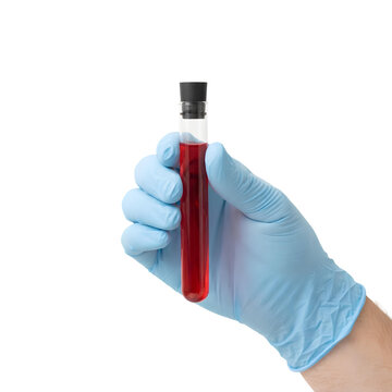 Hand in blue nitrile glove holding a test tube with red liquid blood sample isolated PNG. The laboratory image features a scientist holding a sealed glass tube.