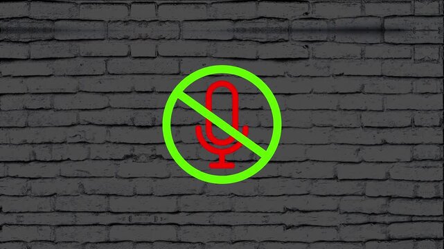 Microphone icon featuring a vibrant green circle outline and red slash represents a muted audio state positioned on a dark brick textured wall that serves as a versatile background for projects.