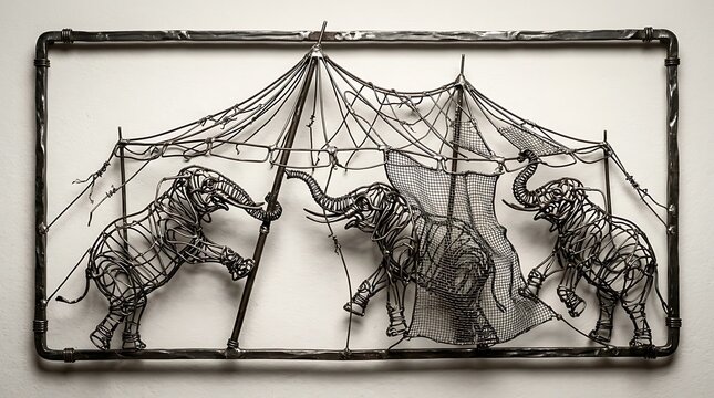 Vintage wire sculpture of circus elephants, industrial metal wall art with big top tent, rustic iron animal figures in frame