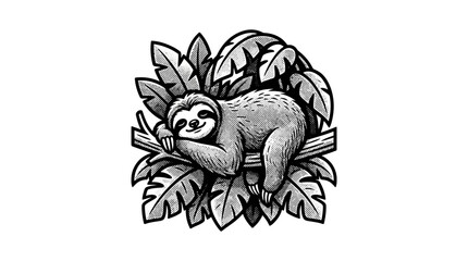 Naklejka premium Sloth sleeping on a tropical tree branch.