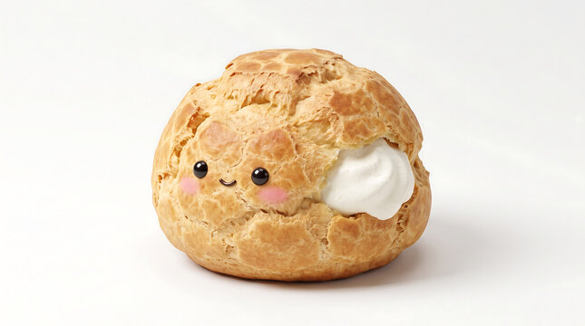 choux pastry cream puff dessert with cute happy face and whipped cream filling.
