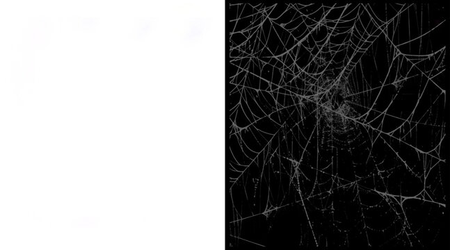 Spooky spider web illustration on black background, intricate cobweb texture for Halloween, creepy white silk net pattern