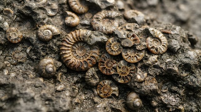 Natural Collection of Spiral Ammonite Fossils on Rock