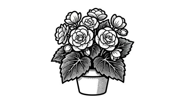 Detailed woodcut style potted begonia flowers with leaves.