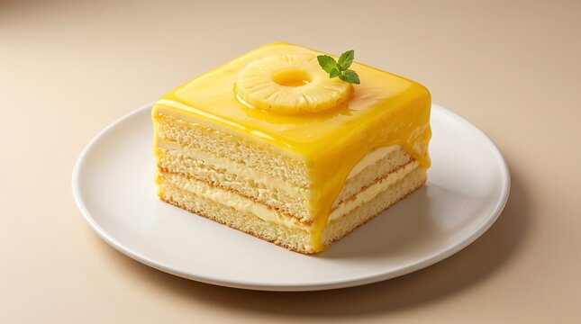 Pineapple cake featuring layered sponge and bright fruit glaze topped with mint leaf on plate.