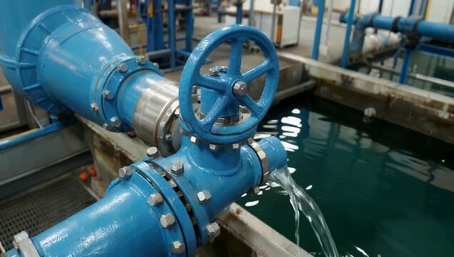 industrial cinematic 4K close-up shows a blue-valved pipe with a flange pouring water into a reservoir at a purification station capturing critical operational details and the robust infrastructure