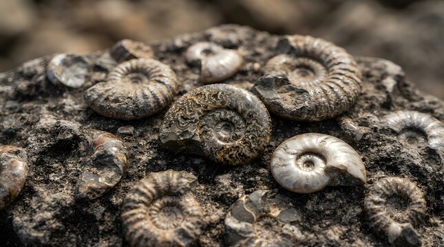 Close Up View of Ancient Ammonite Fossils in Rock