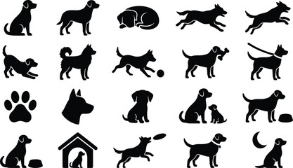 Fototapeta premium Set of black dog silhouettes showing various poses and activities isolated on a white background Vector