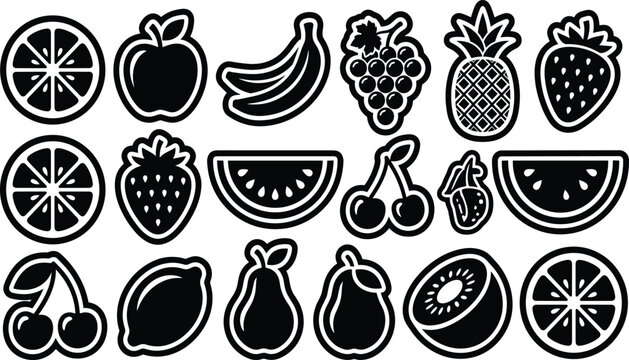 Black and white fruit vector sticker icons set featuring solid silhouettes with thick outlines of watermelon apple banana grape pineapple strawberry orange lemon cherry pear 