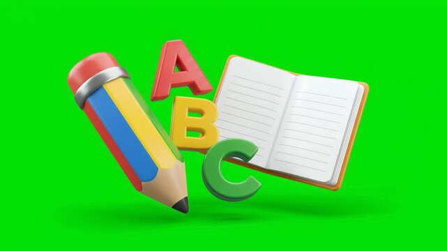 Colorful Alphabet Book and Pencil for Early Childhood Education on Green Screen