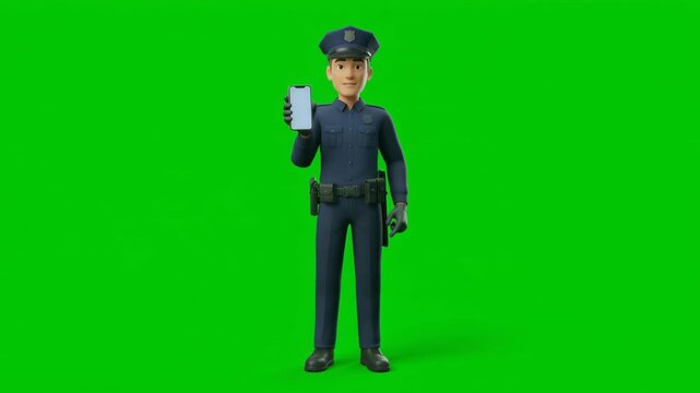 Police Officer Using Phone for Digital Field Inspection on Green Screen