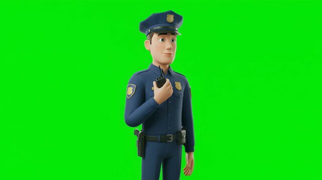 Police Officer Communicating with Walkie Talkie on Green Screen