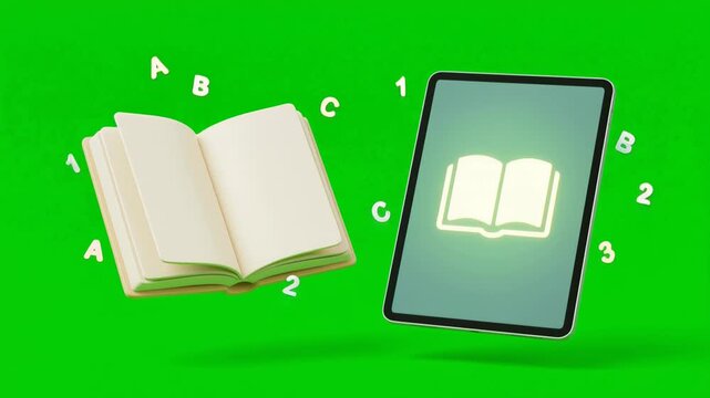 Digital Education Concept with Alphabet Book and Tablet on Green Screen