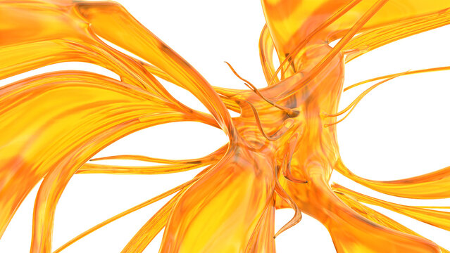 Bright orange shapes flow dynamically across the surface, creating an abstract design. The lines twist and turn, showing a sense of movement against a clean backdrop. 3d render