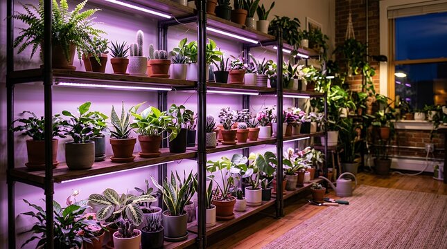 Indoor house plants arranged neatly along shelf units under specialized violet growth lights for optimal indoor cultivation plants shelves phyto lamp lighting growth indoor houseplant grow light