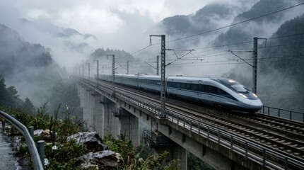 Fototapeta premium High-speed rail modernization with streamlined train, electrified track, viaduct, and overhead power lines through a misty corridor.