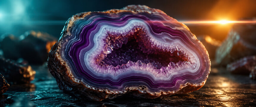 A stunning cut amethyst geode revealing concentric layers of purple agate and sparkling crystalline formations, illuminated by dramatic teal and golden light against a dark, atmospheric backdrop.