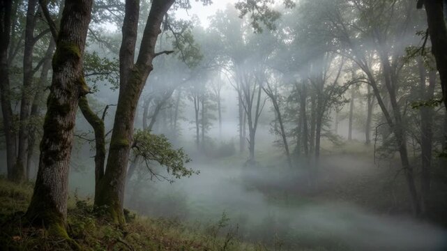 Misty Forest Landscape with Flowing Fog and Sun Rays Through Ethereal Trees at Dawn