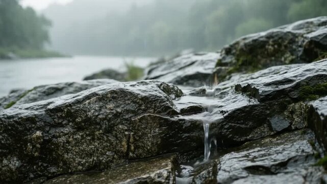 Close-up of rain falling on wet rocks, with water trickling down beside a river, in a calm natural environment