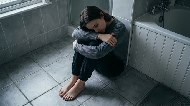 A sorrowful young woman sitting on the tiled bathroom floor embracing her knees while experiencing intense emotional distress and loneliness during a period of difficult personal mental health