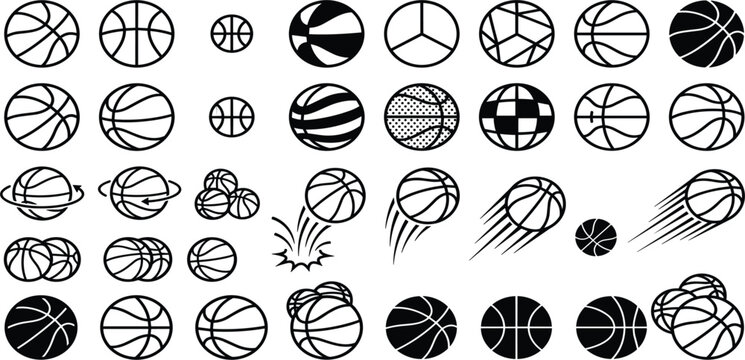 Basketball Collection Line Art Vector Set with Motion Bouncing Patterned Balls and Black Icons